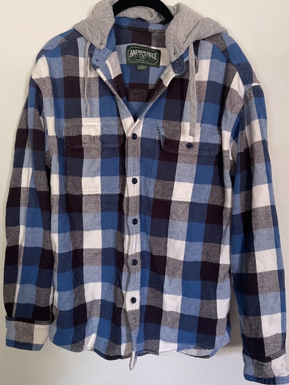 American Eagle Mens Large Hooded Flannel Shirt Blue Black Plaid Buffalo Check T2